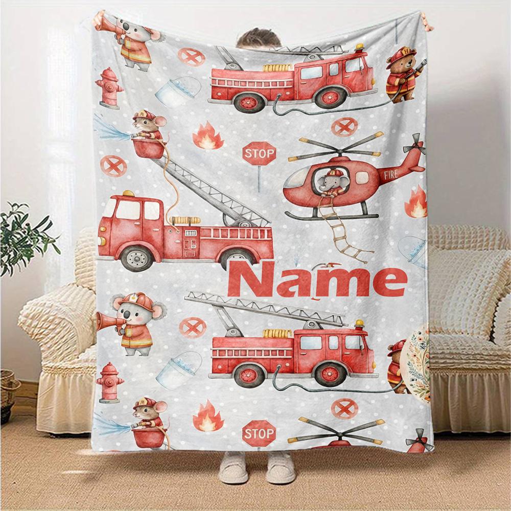 Custom Name fire truck Theme Printed Blanket - Perfect for Couch, Bed, Travel & Outdoor Use | Machine Washable, Cozy & Durable.