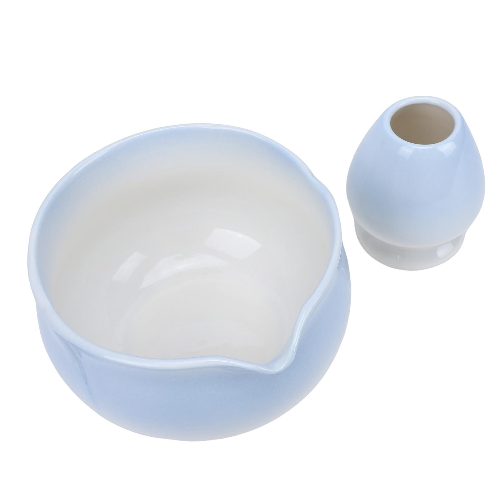 Matcha Bowl and Whisk Holder Ceramic Matcha Mixing Bowl with Spout for Traditional Japanese Tea Ceremony Gradient Blue