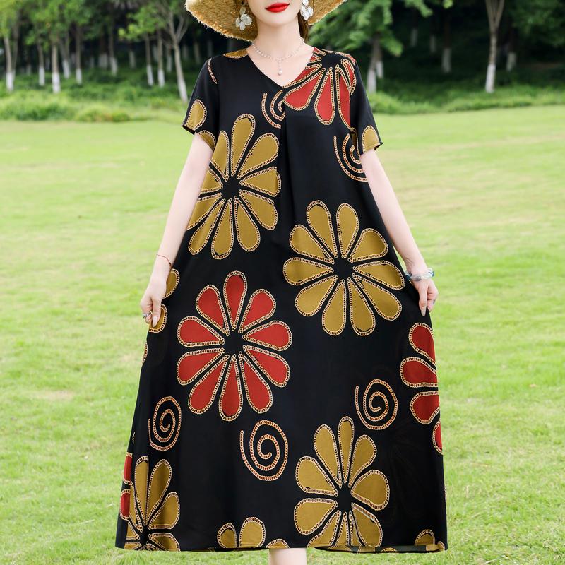 Elegant Women's Dresses Summer Vintage Clothes Plus Size Short Sleeve Casual Loose Long Dress