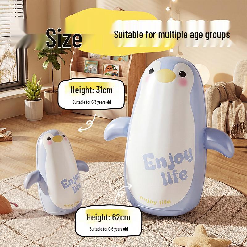 Inflatable Cartoon Penguin Boxing Bag for Kids, Indoor/Outdoor PVC Roly-Poly Decompression Toy.