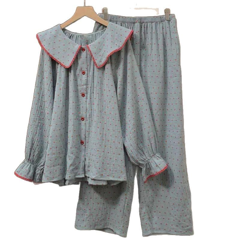Women's Cloud Cotton Polka Dot Pajama Set with Peter Pan Collar and Lace Trim