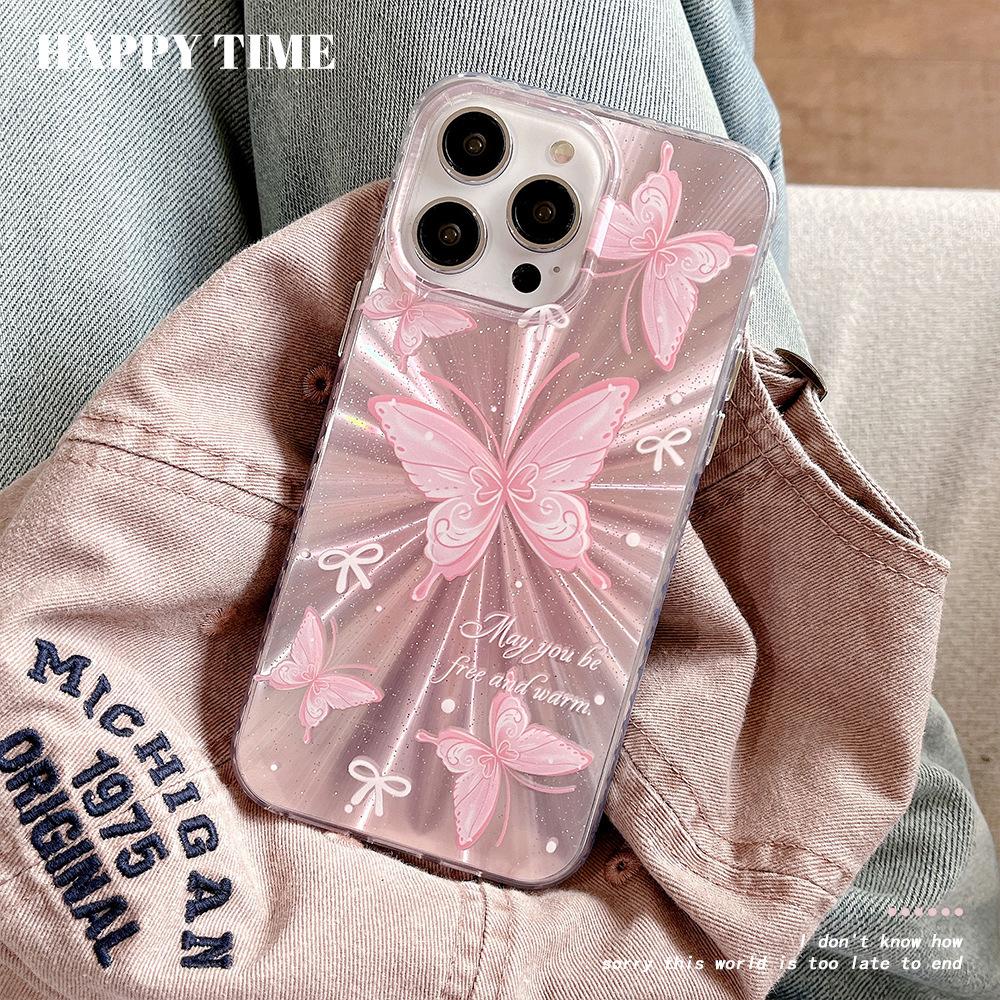 Pink butterfly applies to Apple 17promax mobile phone case, Aurora laser iPhone16 protective case, bow. apple 17