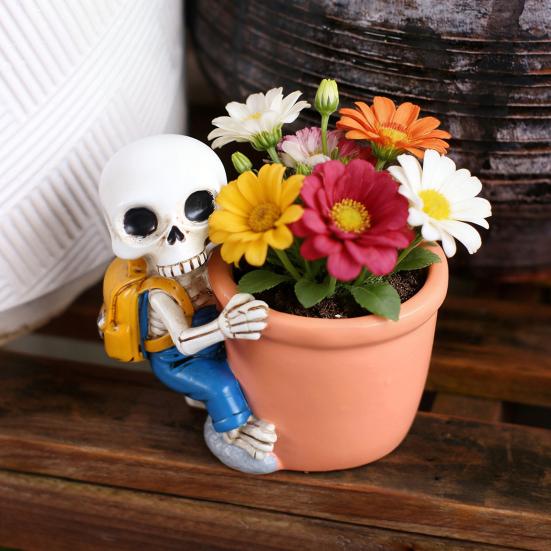 Cute Skeleton Planter Decorative Resin Flowerpot Small Skeleton Plant Pot for Succulents Halloween Desktop Decoration