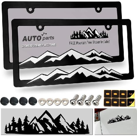 Mountain License Plate Frames- Plastic Black Car Tag Holder Bracket With Screws Caps, 2 Packs 2 Hole, White On Black, Mountain Vinyl Sticker Included