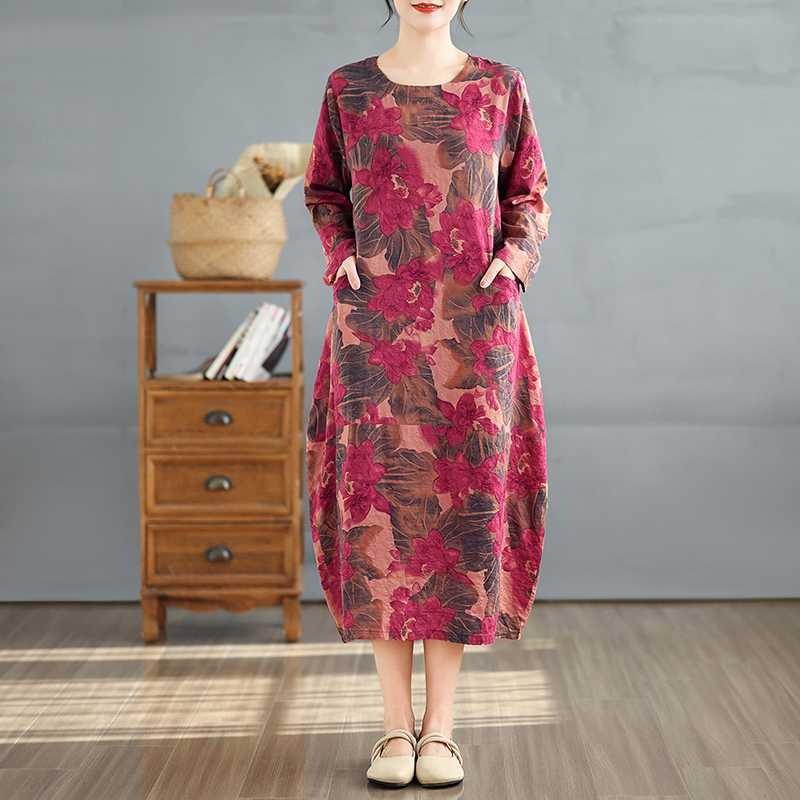 Round Neck Long Sleeve Loose Plus Size Long Dresses