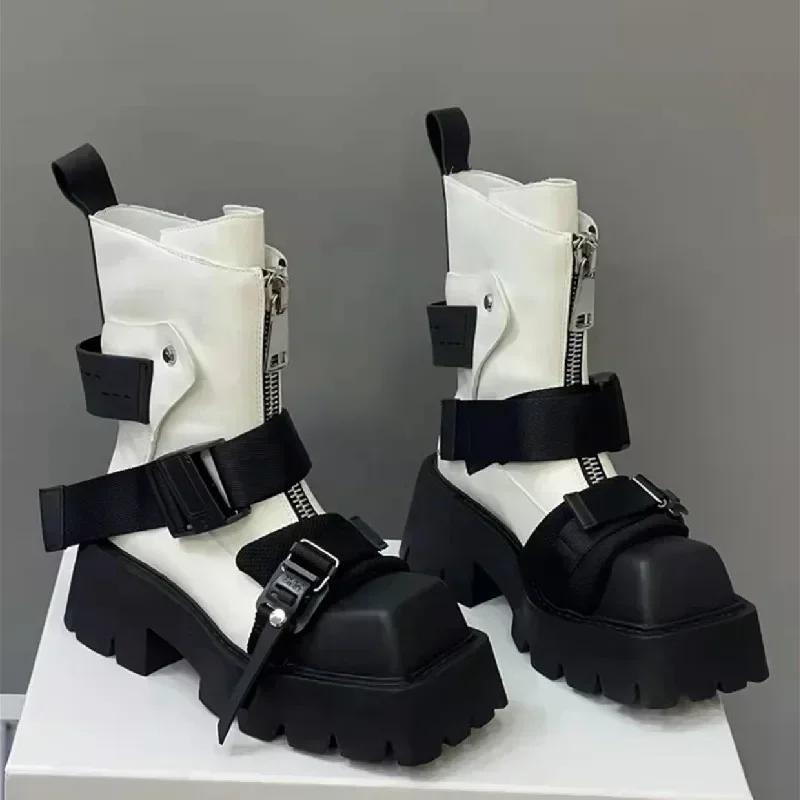 Fashion Luxury Leather Ankle Boots Women Zip Belt Buckle Strap Design Motorcycle Boots Thick Bottom Non-slip Platform Botas Para Mujer