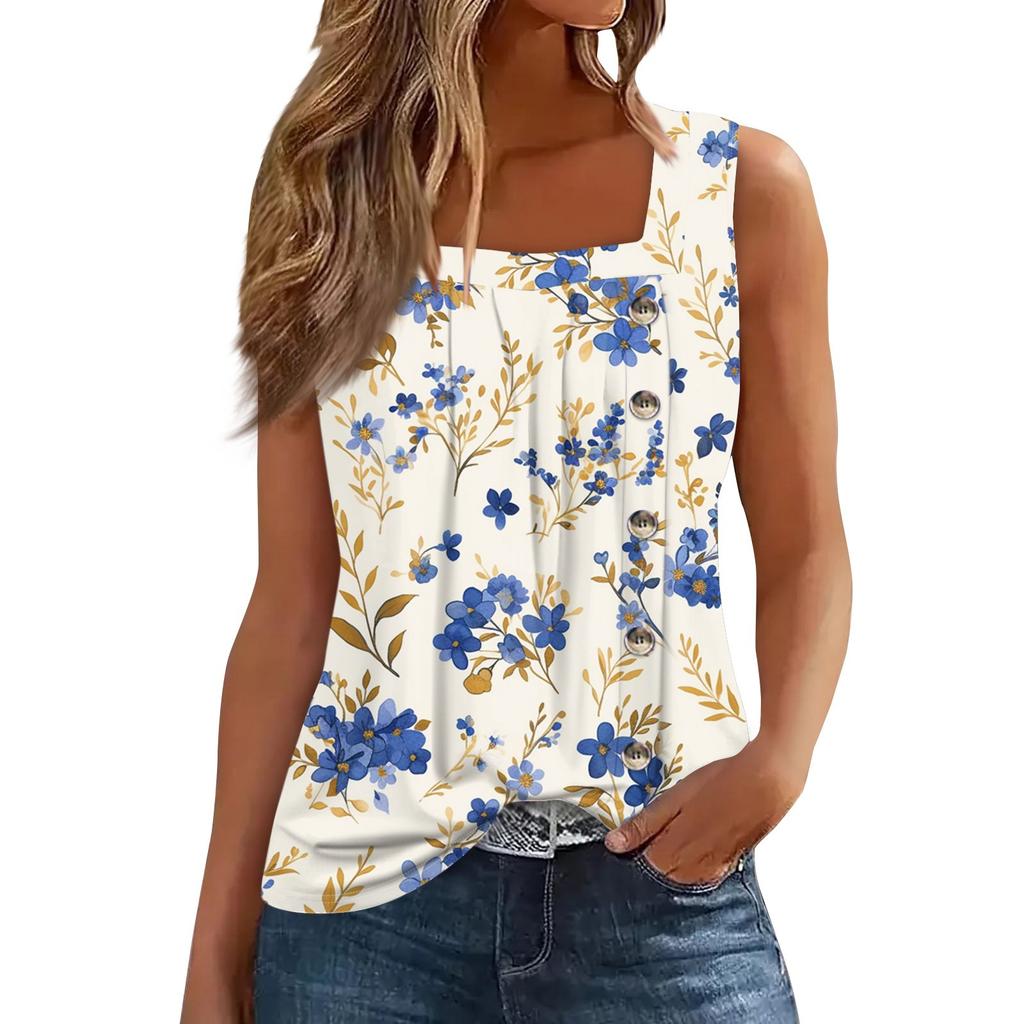 Women's Fashion Casual Basic Pleated Plain Button Square Collar Sleeveless Vest Print Summer Tank Tops