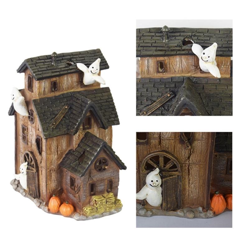 Halloween Light-Up House Ornament, Resin Building with White Figures and Gourd Motifs for Seasonal Display Scenes