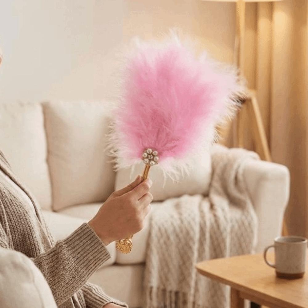 Exquisite Pearl Hand Feather Fan Fairy Style Handmade Craft Wedding Bridal Fan Fluffy Feathers Traditional Portable Fan