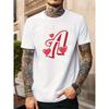 European Size Men's Casual Summer Short Sleeve T-Shirt- Chestnut Solid Color with Red Heart Letter A Pattern Print, Round Neck Regular Fit