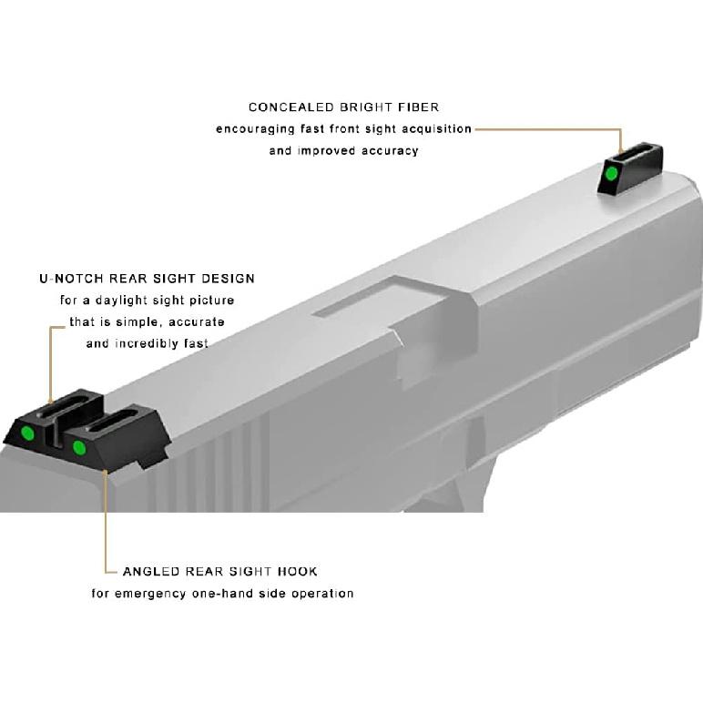No-Tritium Fiber Optic Sights for Glock 17, 17L, 19, 22, 23, 24, 26, 27, 33, 34, 35, 38 and 39, Green Photoluminescent Outline for Outdoor