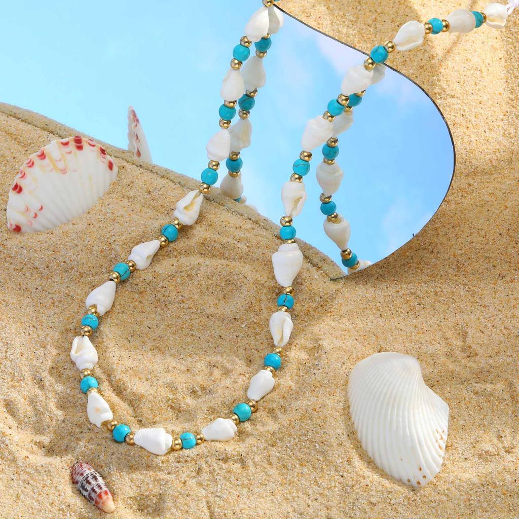 Ocean Style Shell Beads Chain Necklace for Women, Handmade Braided Adjustable Necklace, Stainless Steel Summer Beach Jewelry