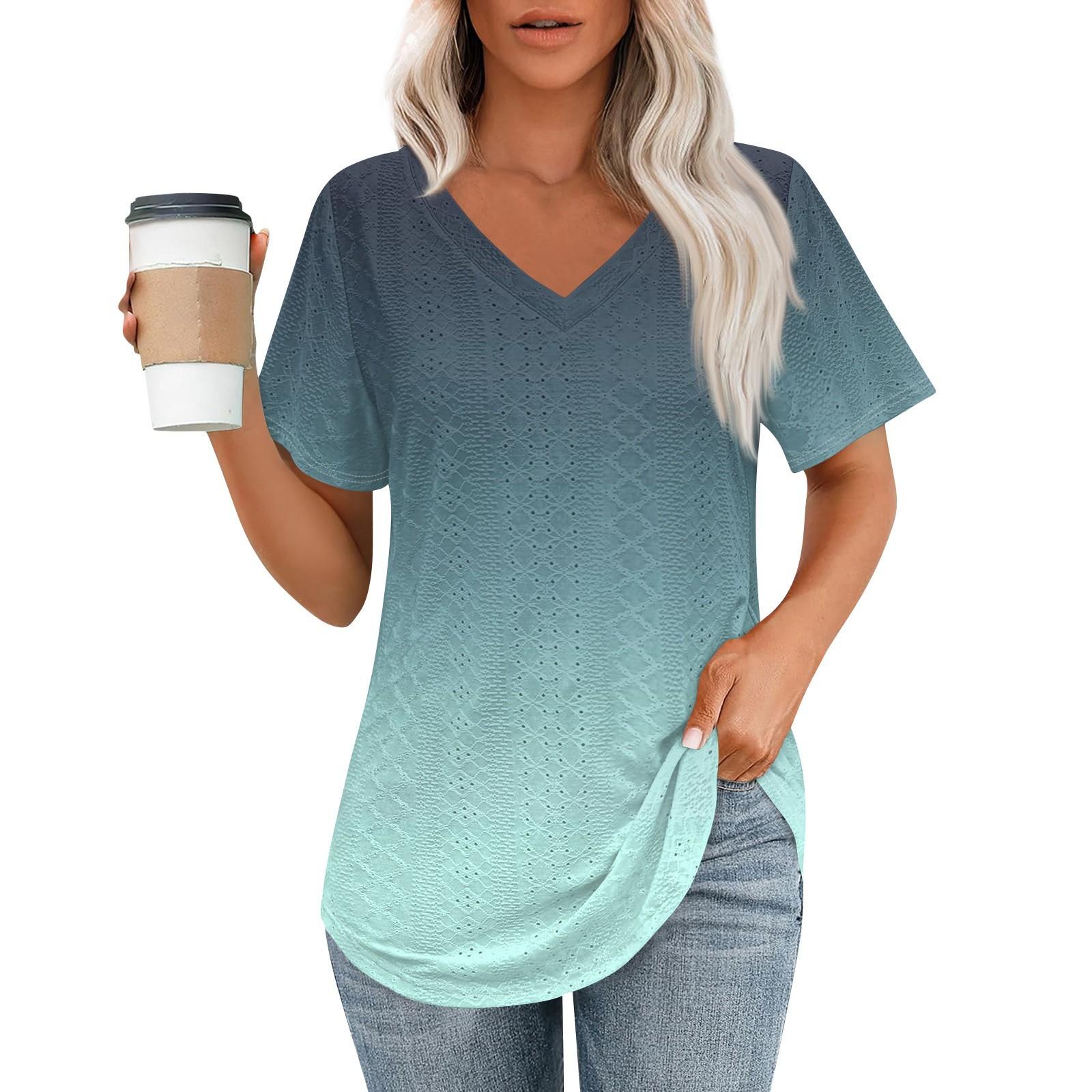 

Жіночі футболки з V-подібним вирізом і короткими рукавами, повсякденні топи вільного крою Базові футболки з вигнутим подолом M