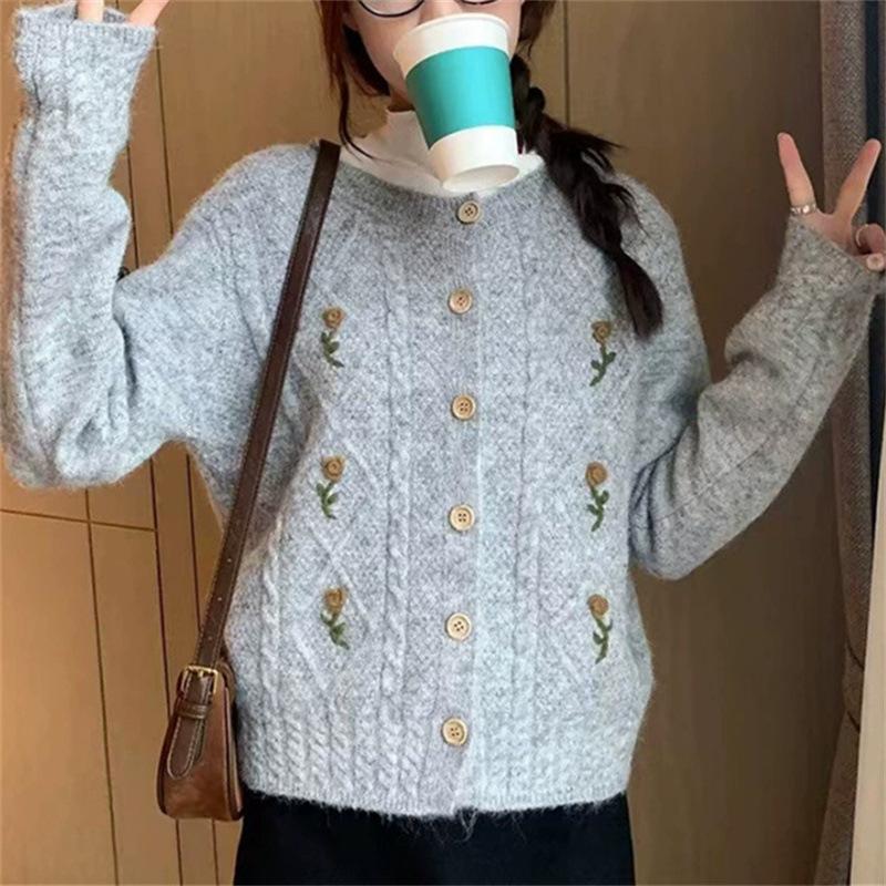 Sweater Jacket Women's Knitted Cardigan Autumn Clothing New Women's Clothes Long Sleeve Crew Neck Embroidered Top