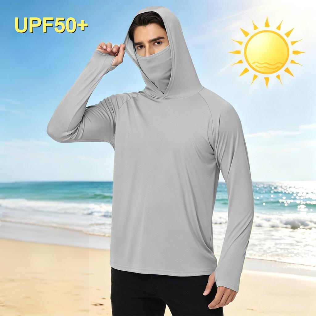 Men's Casual Outdoor Hooded Long Sleeve Sun Protection Shirt Lightweight Breathable Quick Dry UV Resistant Top for Sports Hiking