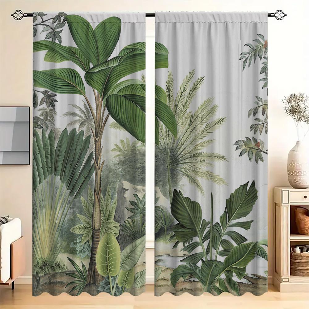 Home Tropical Leaves Curtains Landscape Background Kitchen Coffee Shop Living Room Bacony Curtain With Pole Pocket Polyester Perfect For