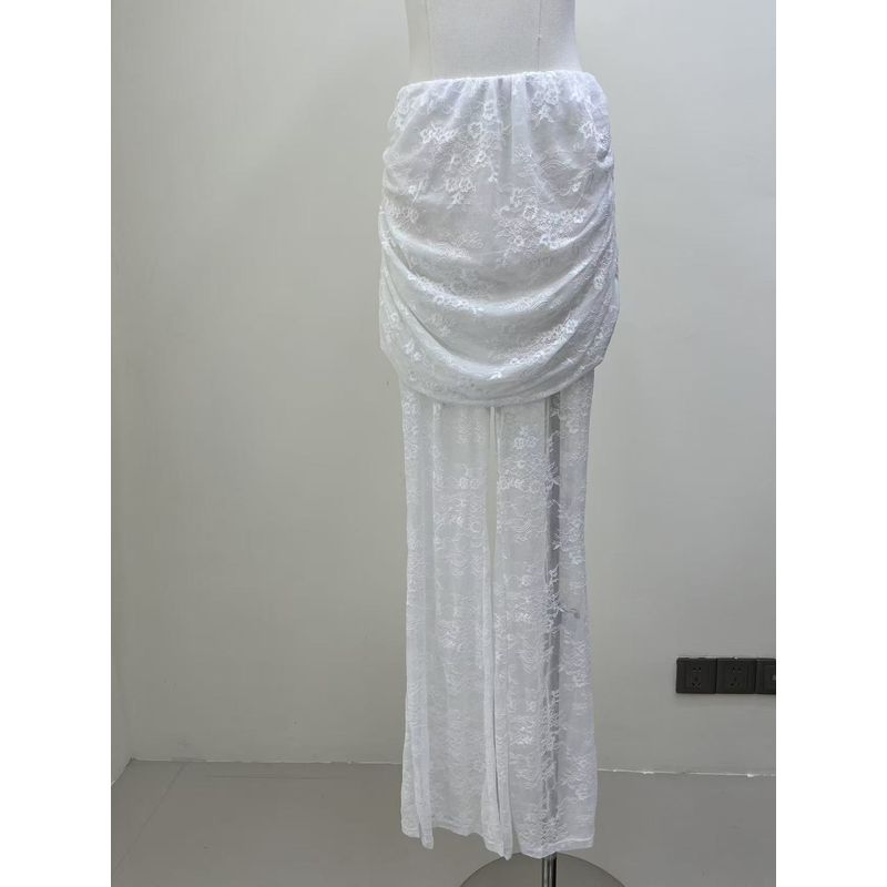 

Fashion Pleat Lace Crochet Trumpet pants Slim fit Personality Long Elastic Waist Goddess Pants Medium and High White 2XL