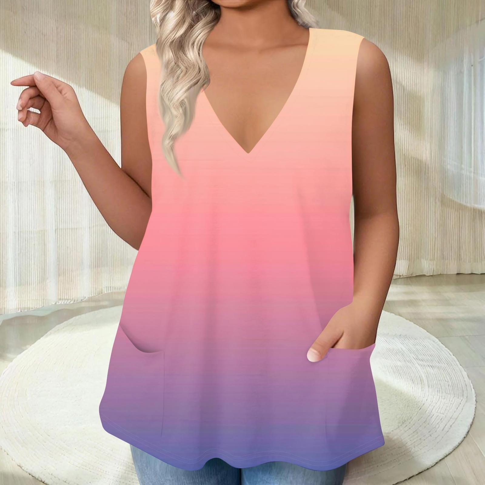 Women s V-neck T-shirt Vest Loose With Pockets T-shirt Gradient Colour Printed Bottom Shirt L розовый