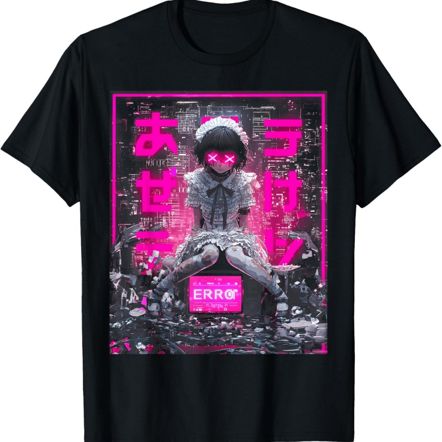 Error Maid Anime Girl Cyberpunk Glitchcore Vaporwave Design T-Shirt S чёрный