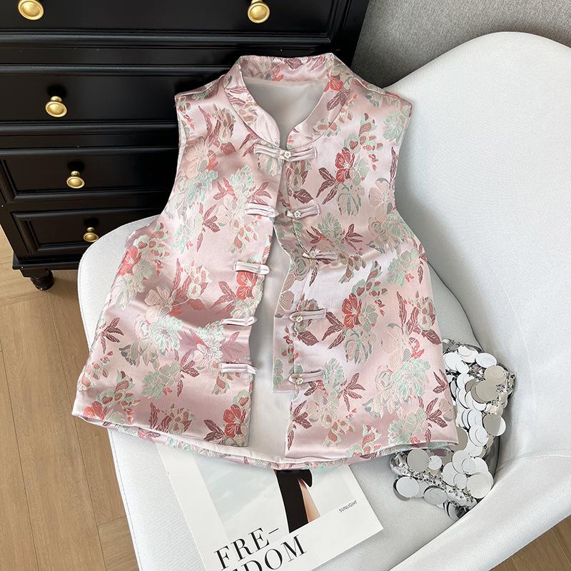 2025 Early Spring Vest Stand-up Collar Peach Blossom Cardigan Retro Design Jacquard Short Vest