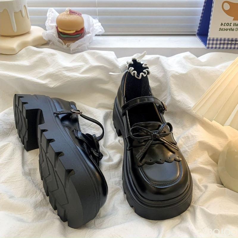 Fashion Elegant Black Bow New Spring and Summer Thick Soled Small Leather Shoes Simple Comfortable Versatile Women's Single Shoes