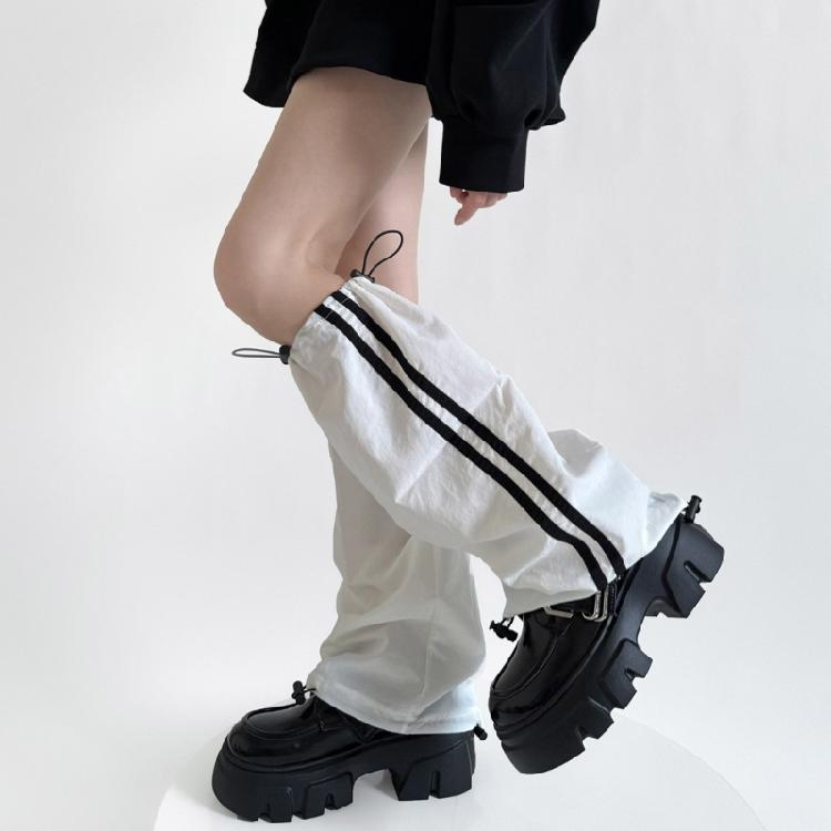 Damen Harajuku Seitliche Doppelt gestreifte Cargo Beinabdeckung mit Kordelzug Motorrad Baggy Fußlose Socken Beinstulpen Gamaschen