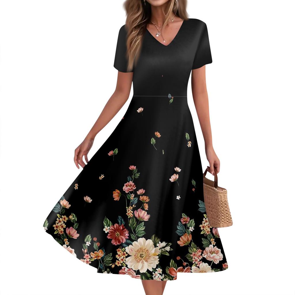 Women's Summer Casual Fashion Print Pocket Short Sleeve V-Neck Swing Dress
