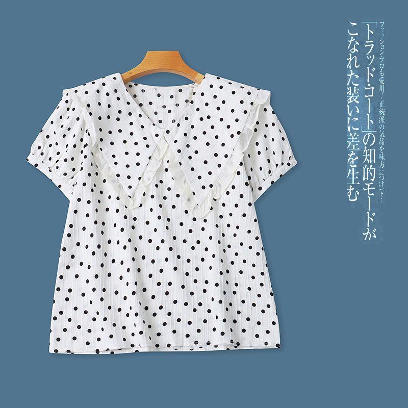 

Polka Dot Shirts Summer New Women clothes Fashion Younger Lace Sailor Collar Pullover Bubble Short sleeve Shirts 31429 M White Bottom Wave Point B- 18-33-5 All yards