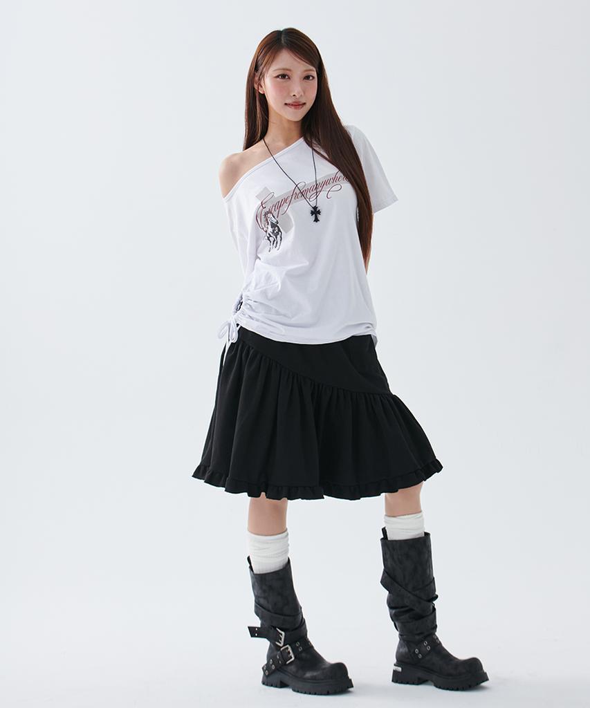 ESCAPEFROM [Escf X Hot Today] Cross Angel Print Side Shirring Detail Loose Fit One-Shoulder Short Sleeve T-Shirt White