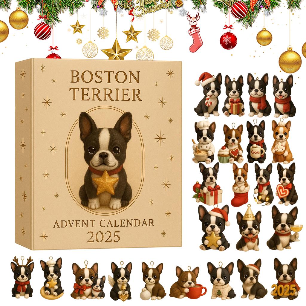 Boston Terrier Advent Calendar 2025 2D Flat Acrylic Dog Ornaments 24 Days Christmas Countdown Calendar Gift for Dog Lovers