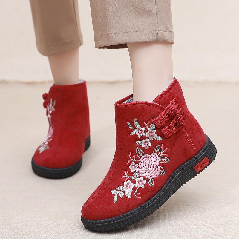 Botas altas bordadas: Sapatos de algodão quentes, antiderrapantes e com sola macia para idosos - estilo étnico, perfeitos para o inverno(Peça um tamanho acima)