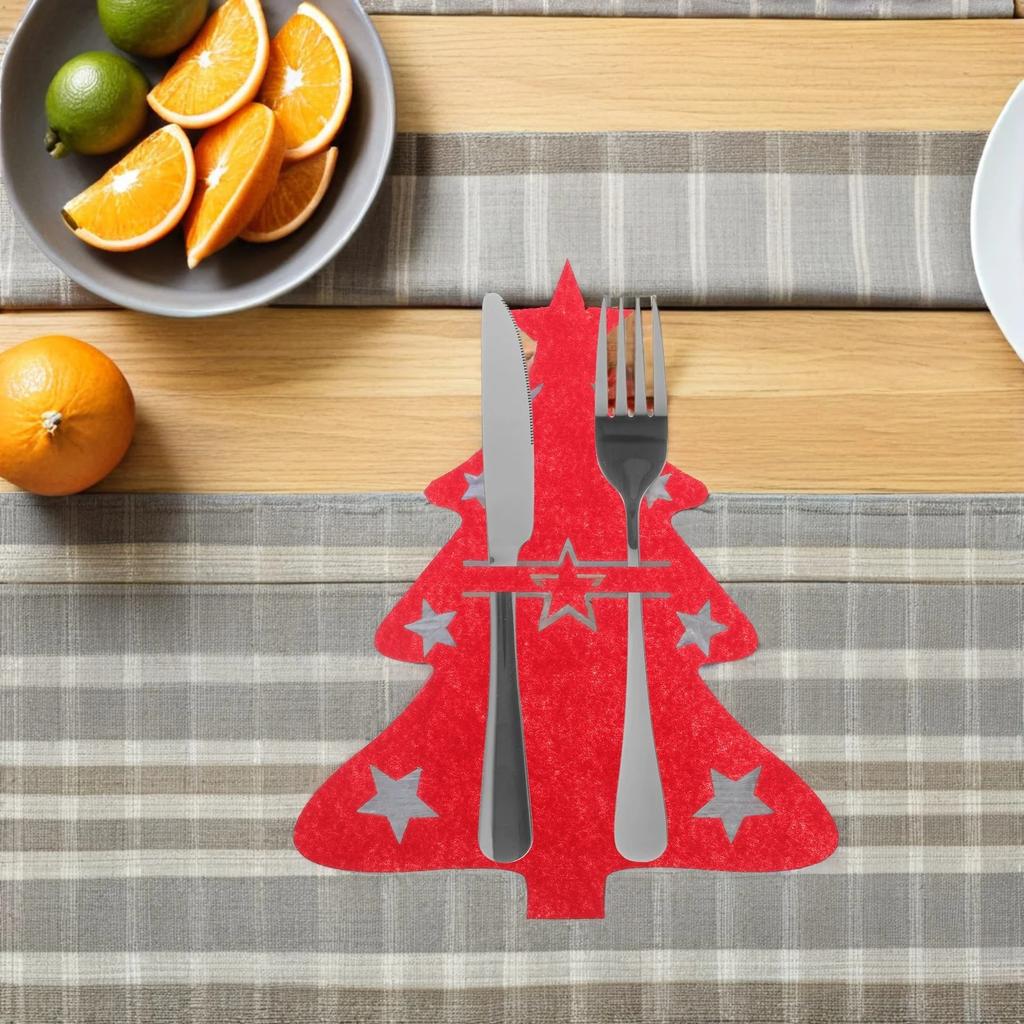 48Pcs Christmas Tree Cutlery Holder Red Felt Cutlery Bags Xmas Silverware Holder Fork Spoon Table Decor Party Supplies