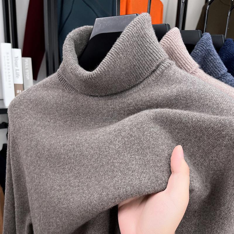 2025 Autumn/Winter Men's High Neck Lambswool Sweater, 100% Wool, Versatile Loose Pullover Base Layer