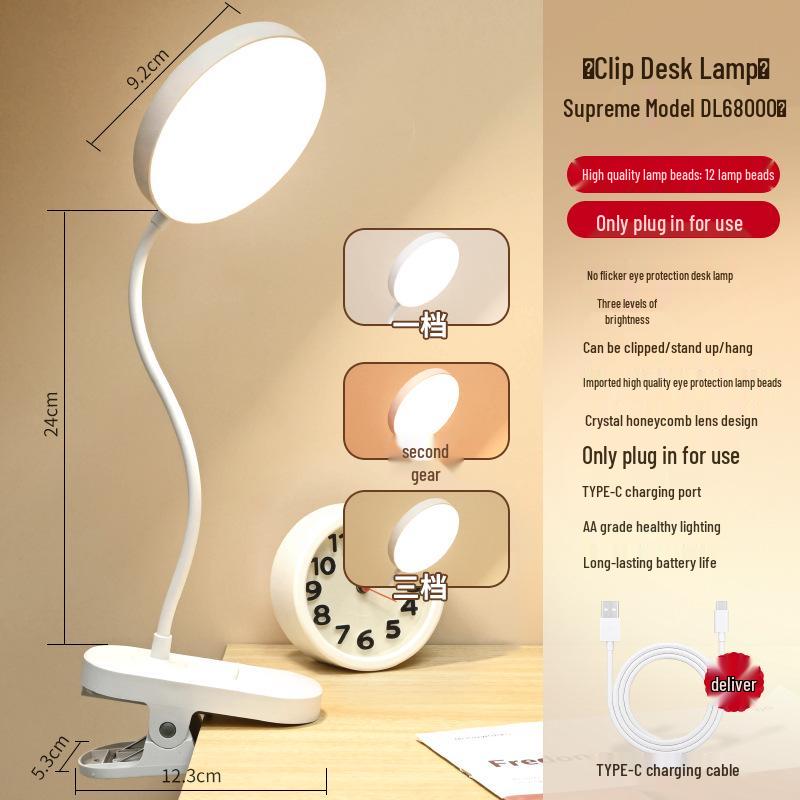 LED Desk Lamp with Flexible Hose and Clip, Dual Power Options for Student Reading