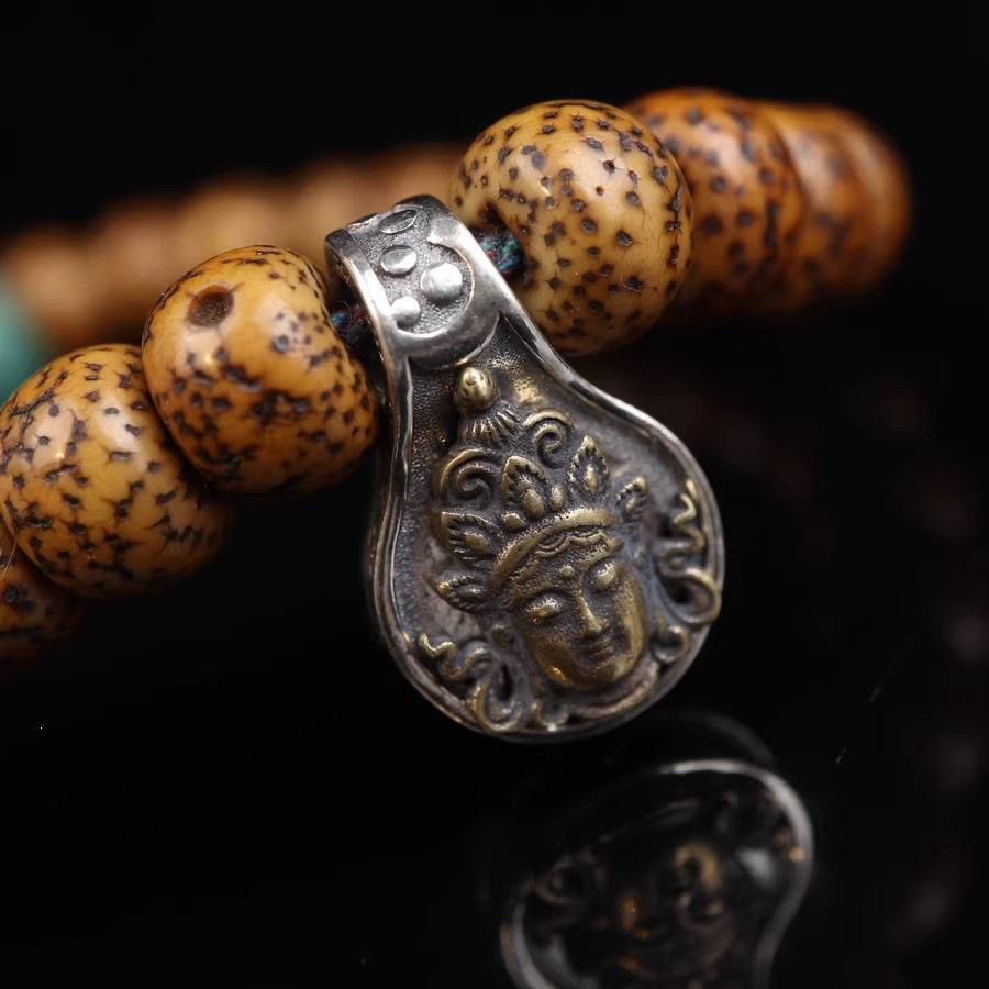 Elegant Double-Sided Green Tara & Yellow Jambhala Bodhi Bracelet with Wenge Clip Accessory