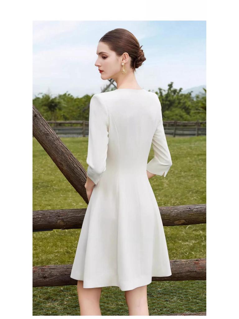 Stylish Beige A-Line Mid-Length Dress with Three-Quarter Sleeves and Round Neck for Spring/Summer