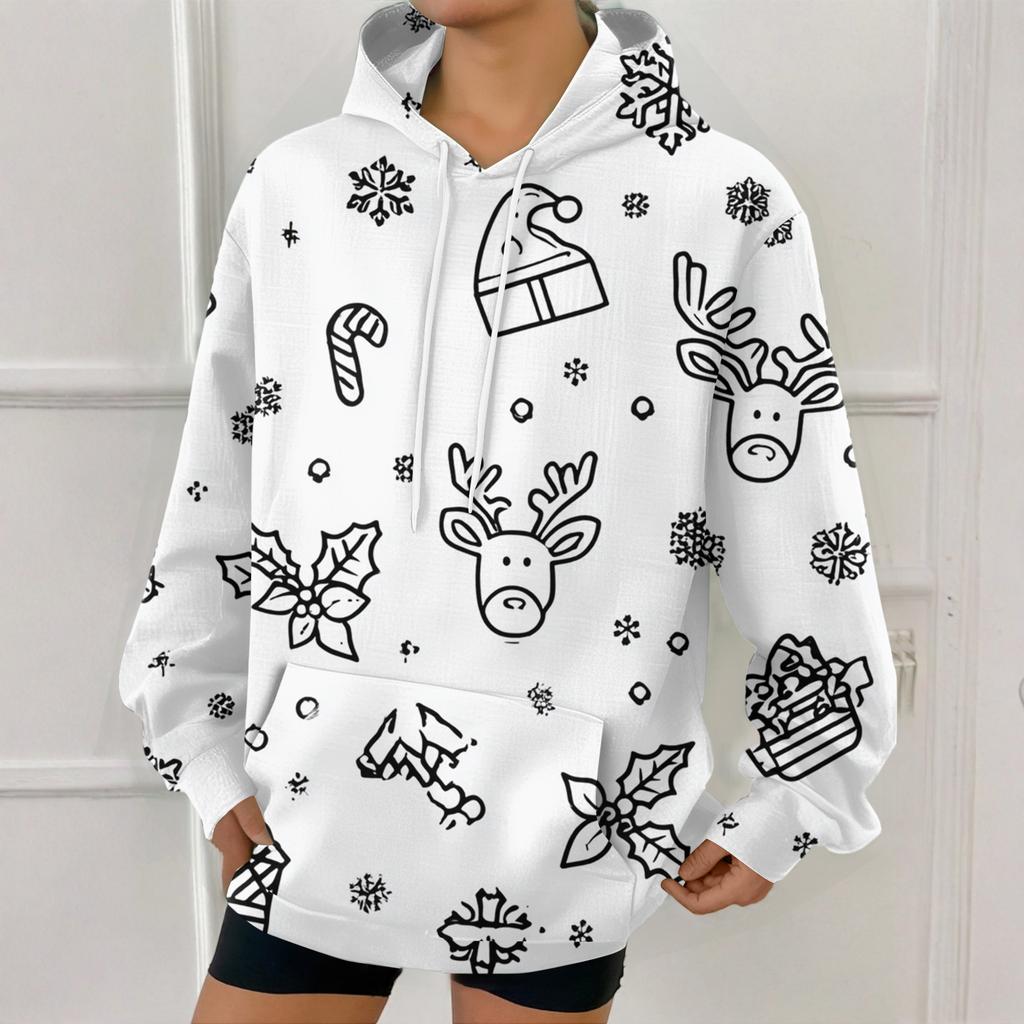 Women's Fashion Sweatshirt Christmas Print Casual Hooded Sweatshirt With Pockets