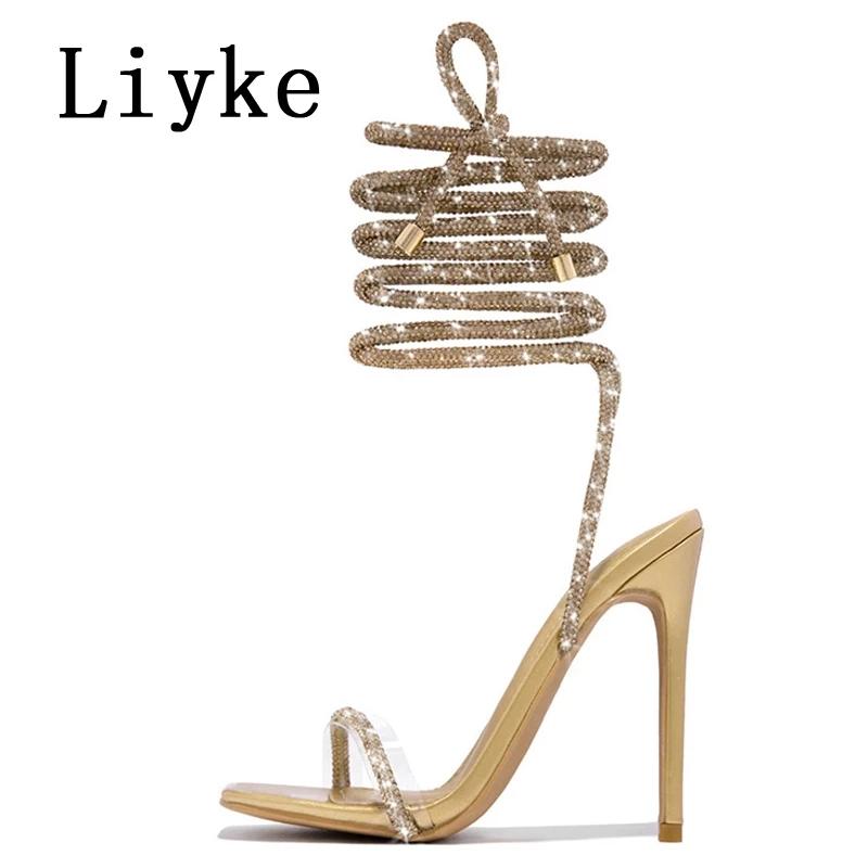 Fashion Liyke Fashion Glitter Rhinestones Women Sandals Crystal Ankle Strap High Heels Party Prom Shoes Lady Wedding Stiletto Sandalias