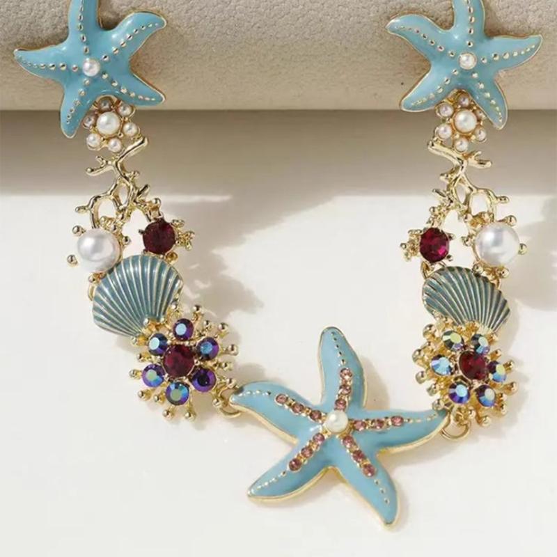 Fashion Marine Jewelry Starfish Pendant Necklace Shell Pearls Bracelet Alloy Texture Suitable for Women Beach Outfits