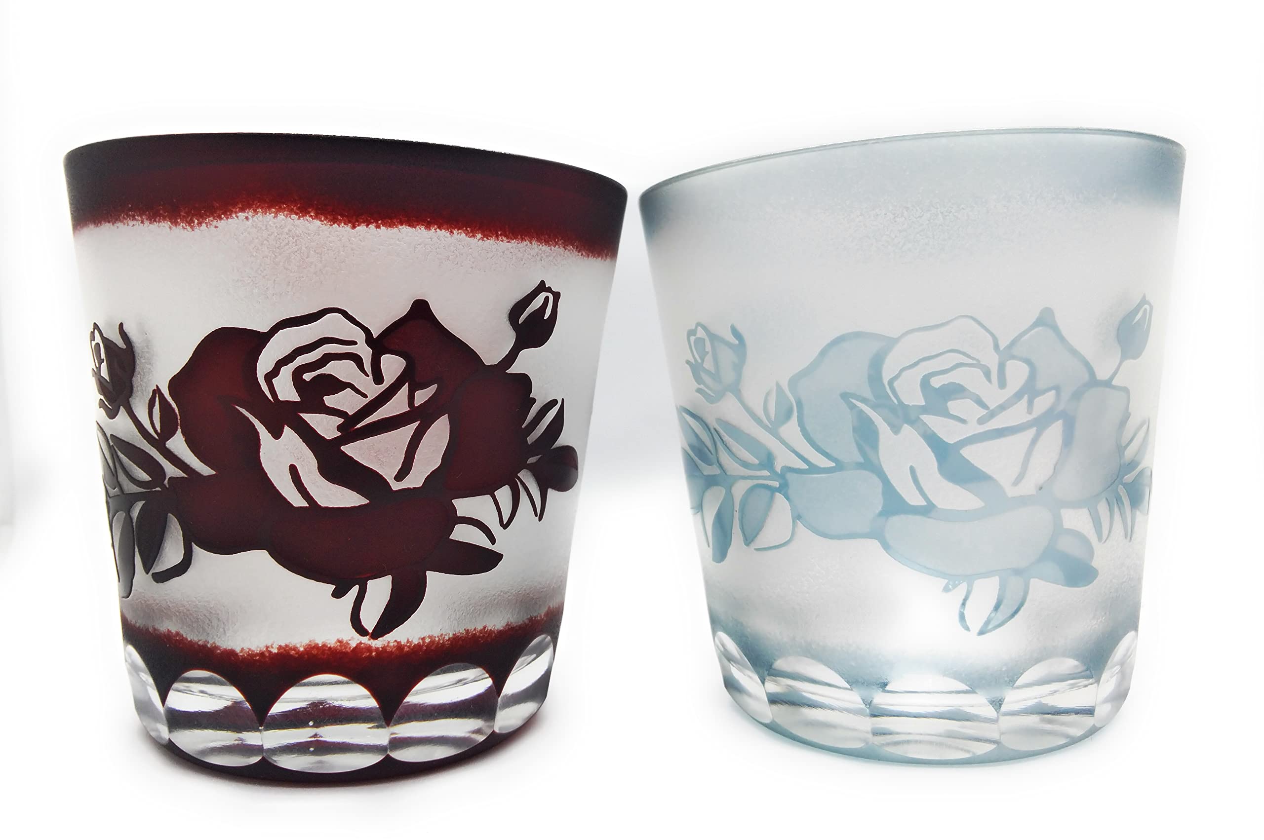 kokoro Carved Kiriko Rose Rocks Glass Set Perfect as a Frosted Glass for Cold or any other Available in Blue and (Pair) - Gift, Highballs, Shochu,