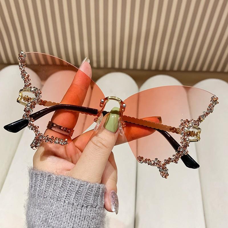 Butterfly sunglasses, UV400 protective frameless sunglasses, sparkling crystal decoration, suitable for parties, vacations, and street wear