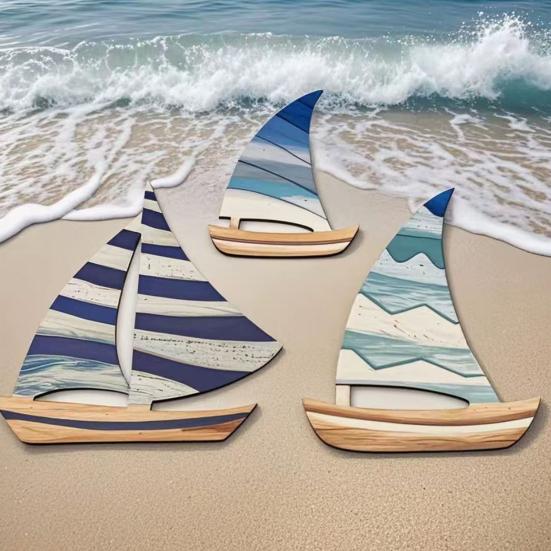 3Pcs/Set Wooden Sailing Boat Wall Decoration Farmhouse Rustic Sailboat Wall Art Home Bedroom Living Room Bathroom Wall Decorative Sign