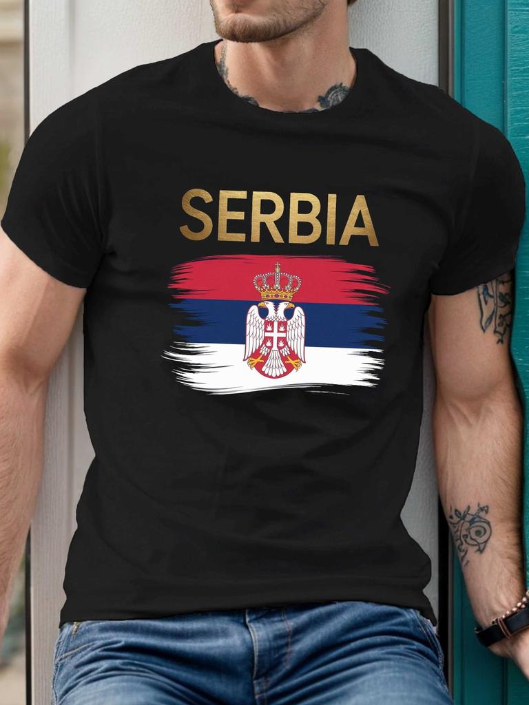Serbien Flagge Kyrillisch Wappen Serbisches Erbe T-Shirt 100% Baumwolle Rundhals Kurzarm Sommer Freizeit Unisex T-Shirt