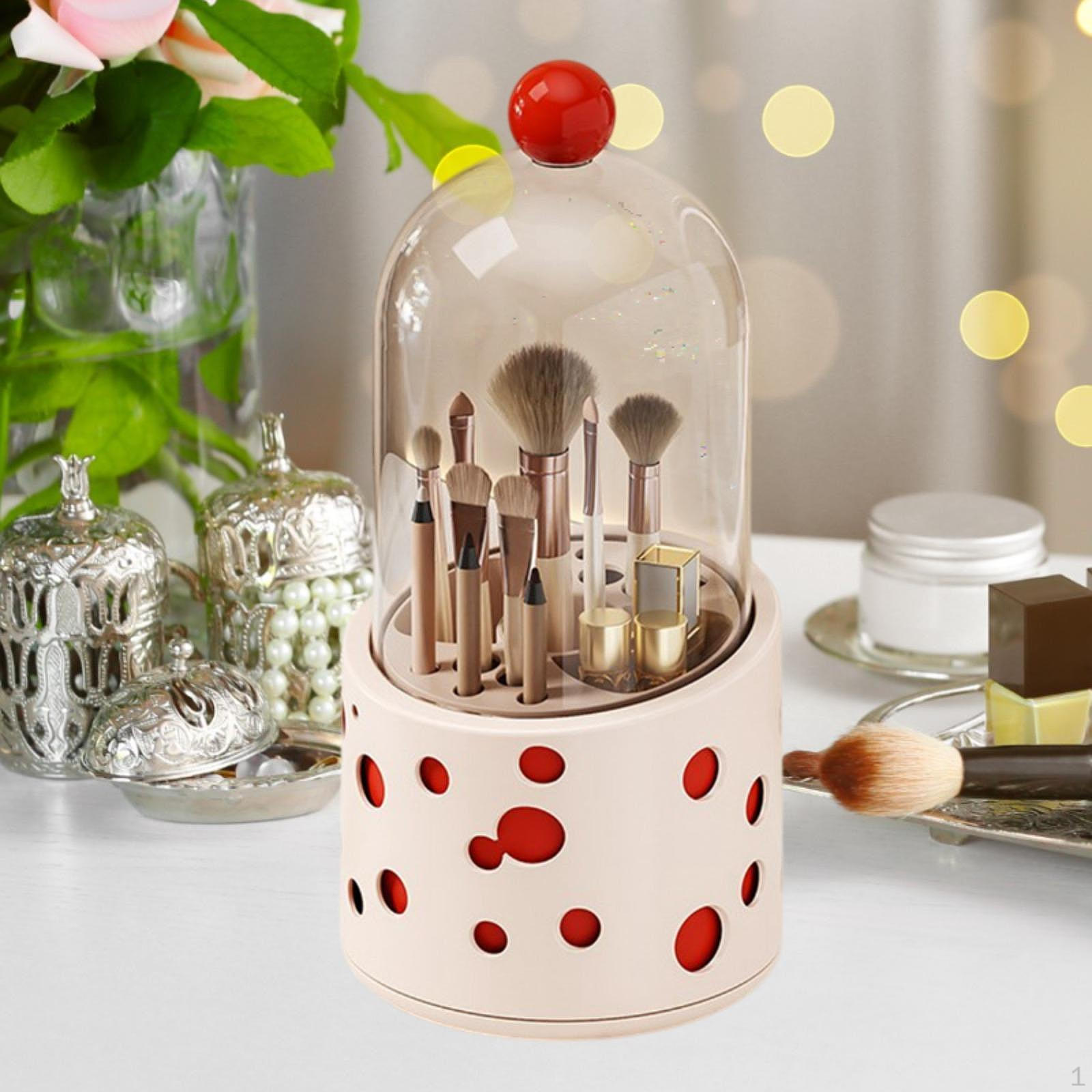 

Контейнер для косметических кистей с крышкой, вращающийся органайзер для макияжа на туалетный столик розовый
