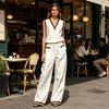Summer 2 Piece Linen Sets for Women, V Neck Sleeveless Tank Top And Wide Leg Pants Matching Sets, Color Block Lounge Outfits with Pockets
