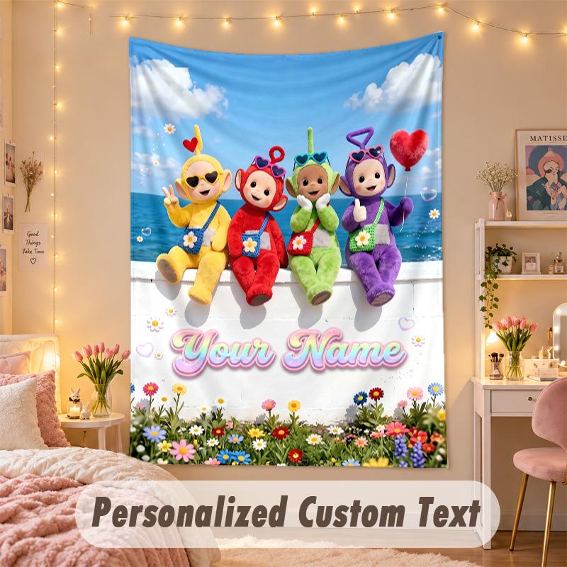 Custom Personalized Tapestry,Teletubbies Print Custom Name Text Wall Art Hanging for Bedroom