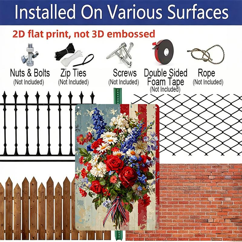 2D Flat - 1pc Decorative Aluminum Sign | 8*12 Inch Patriotic Floral Welcome Metal Sign, Vintage Distressed American Flag Design, Durable Aluminum