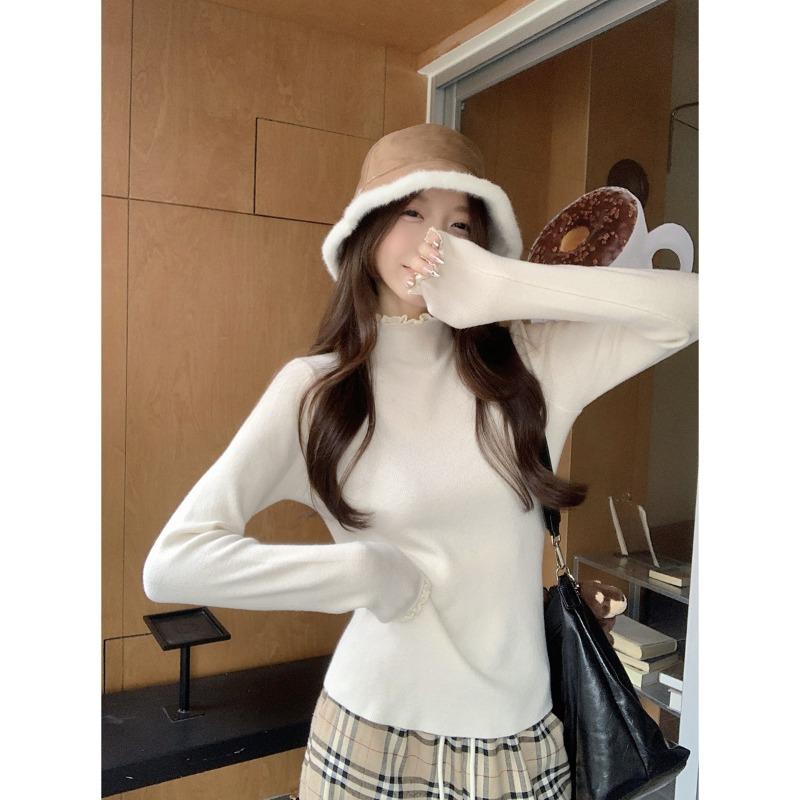 Spring chic lace semi-turtleneck knitted sweater women's age-reducing top versatile bottoming shirt