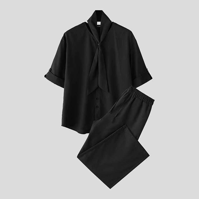 

INCERUN 2PCS Men Tie Up Short Sleeve Shirts And Elastic Waist Long Straight Pants Fashion Sets S чёрный