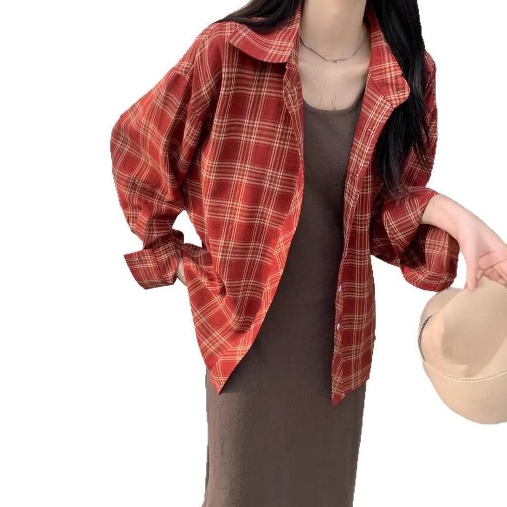 Women's Casual Red Plaid Retro Jacket: Loose, Versatile, Spring Outerwear